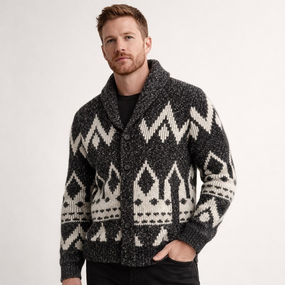 Banana Republic Mens Medium Shawl Collar Cardigan Sweater Black Cream